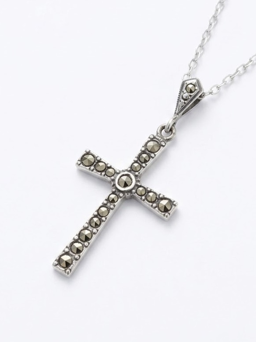 925 Vintage Marcasite Cross Pendant Necklace